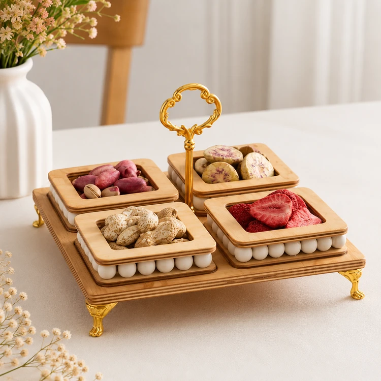 اردوخوری چوبی ۴ خانه مهره دار با پایه طلایی