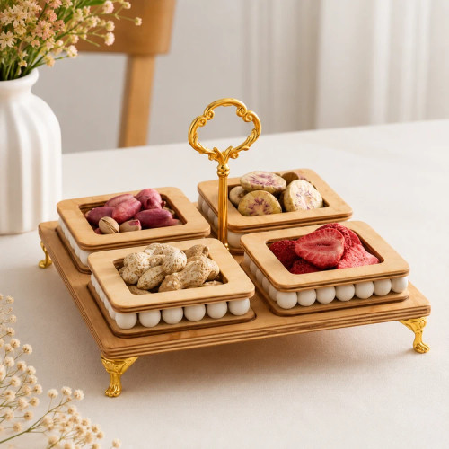 اردوخوری چوبی ۴ خانه مهره دار با پایه طلایی