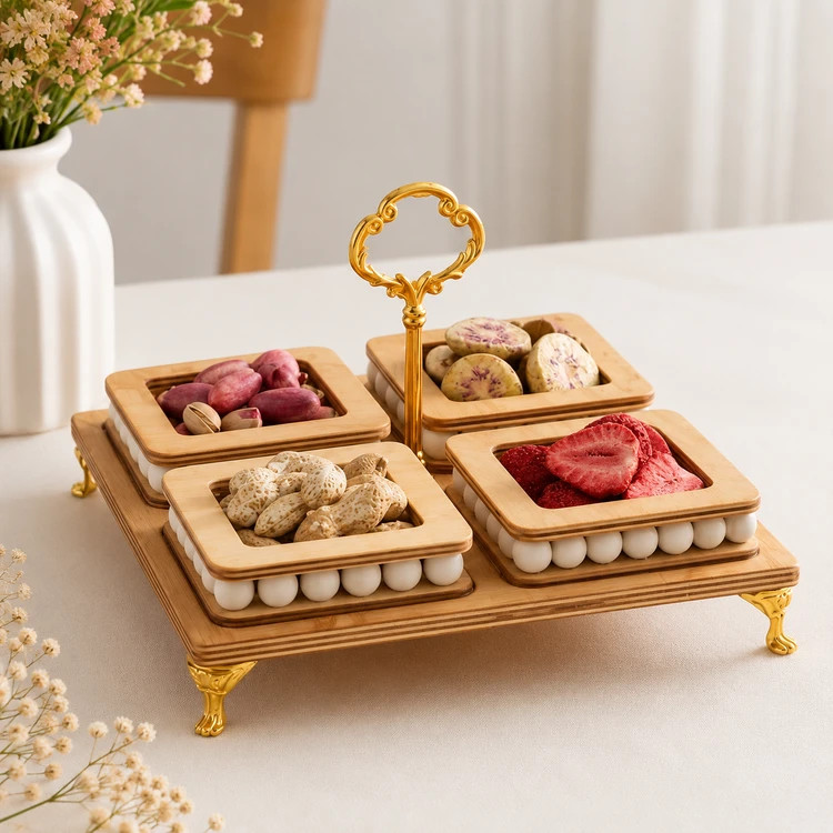 اردوخوری چوبی ۴ خانه مهره دار با پایه طلایی