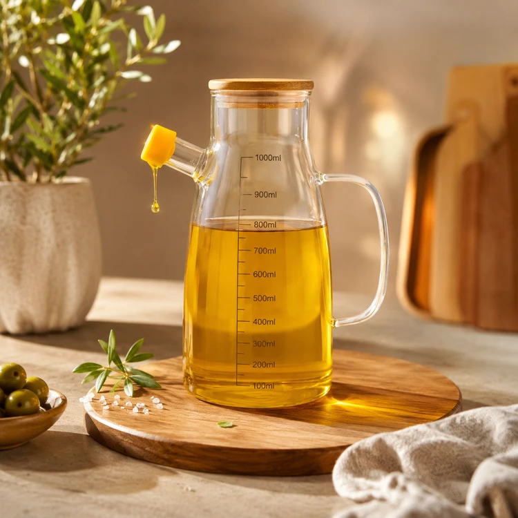 روغن ریز شیشه‌ای مدرج ۱ لیتری درب چوبی